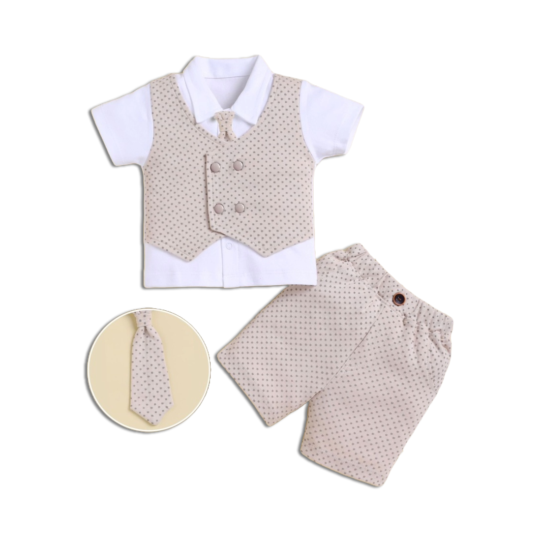 Half Sleeve Jacket Co-Set, Shirt with Attached Jacket, Shorts and Tie | 3712