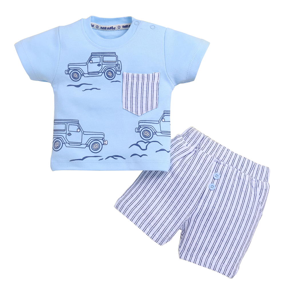 Half Sleeve Co-Set for Baby Boys with Car Print and Striped Shorts | 4231