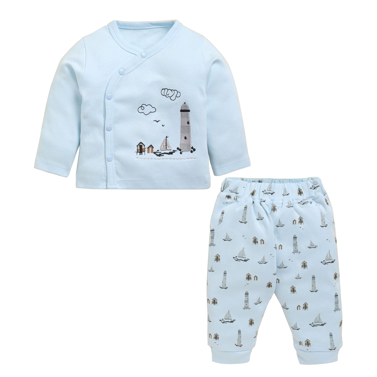 Fancy Embroidery Top & Printed Pajama Set for Newborn Baby | 9069A