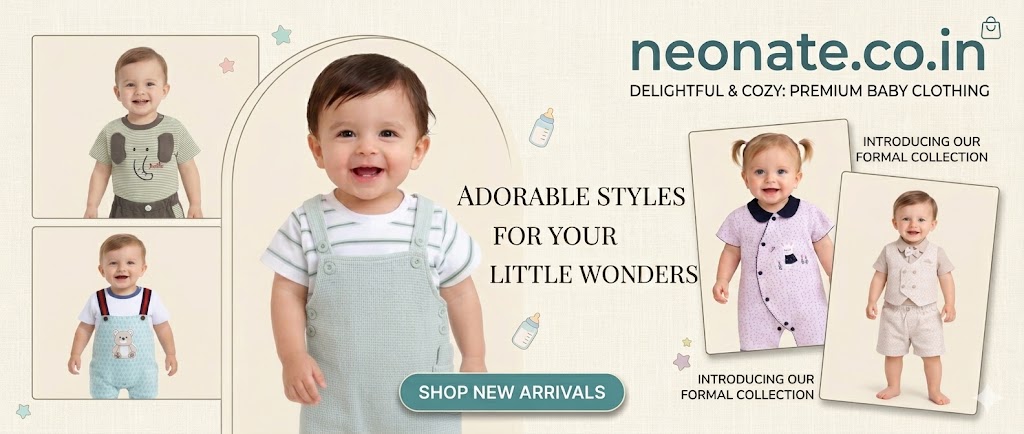 A website banner for neonate.co.in featuring four smiling babies wearing cozy, premium clothing including pastel rompers and elephant-print outfits. The text reads "Adorable Styles For Your Little Wonders" with a button to "Shop New Arrivals".